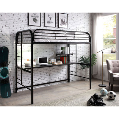 Échelle attachée de style contemporain avec lit mezzanine simple de style contemporain entièrement en métal avec tablettes sous le lit et garde-corps