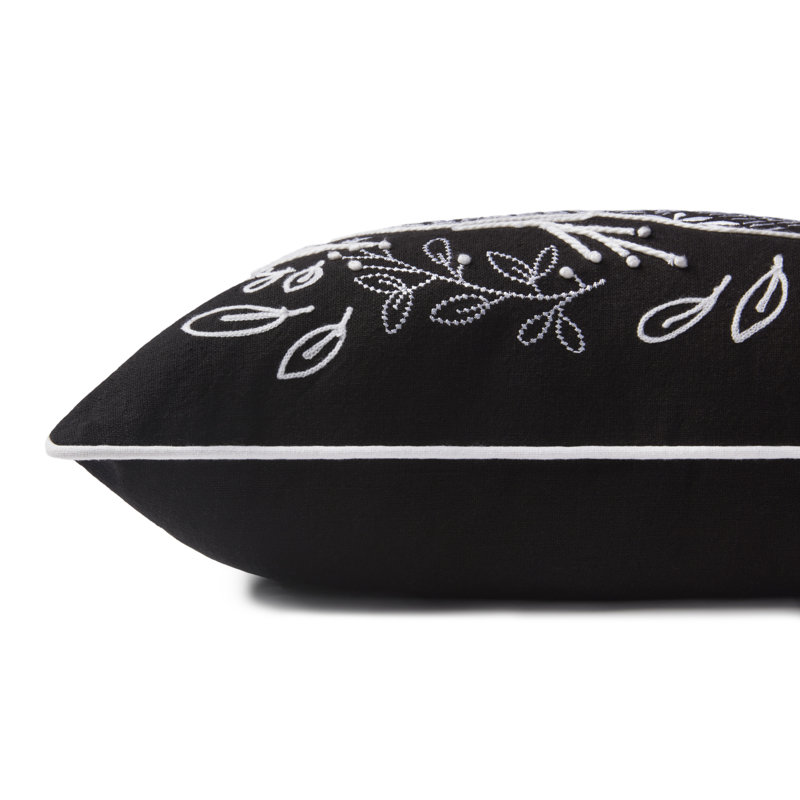 Black and White Embroidered Lumbar Pillow with Hare Design