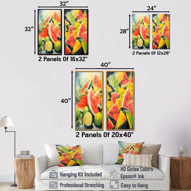 «Red Vibrant Melon Palette I», ensemble d'art mural sur toile Melon, Cadre flottant noir, H 32 po x l 33 po