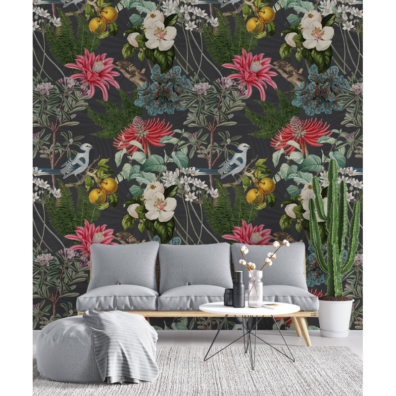 Papier peint oiseaux et fleurs botaniques foncés, l 24 po x L 50 po