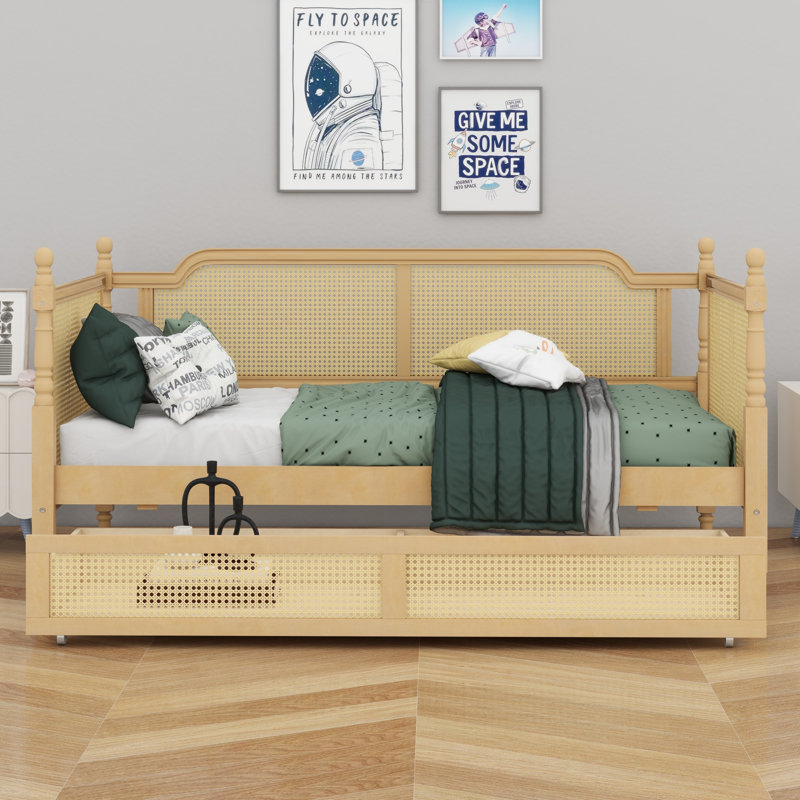 Traditional Rattan Daybed with Storage Drawers, Antique Walnut