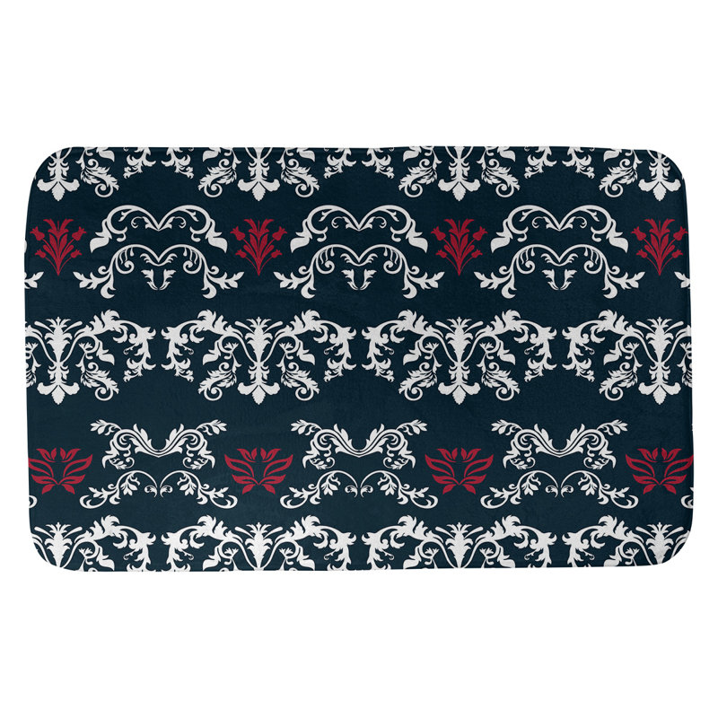 Tapis pour salle de bain Houston, l 21 po x L 34 po, Blanc / bleu foncé acier / rouge bataille