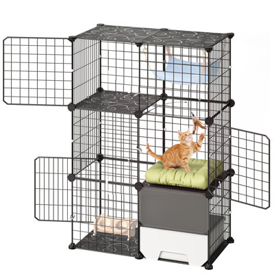 Cage pour chat à 3 niveaux 71 x 45,5 x 104 cm, enclos à monter soi-même avec bac à litière, grand espace d'exercice idéal pour 1 à 2 chats, cage de transport intérieure amovible en fil de fer, convient aux chatons et petits animaux, noir