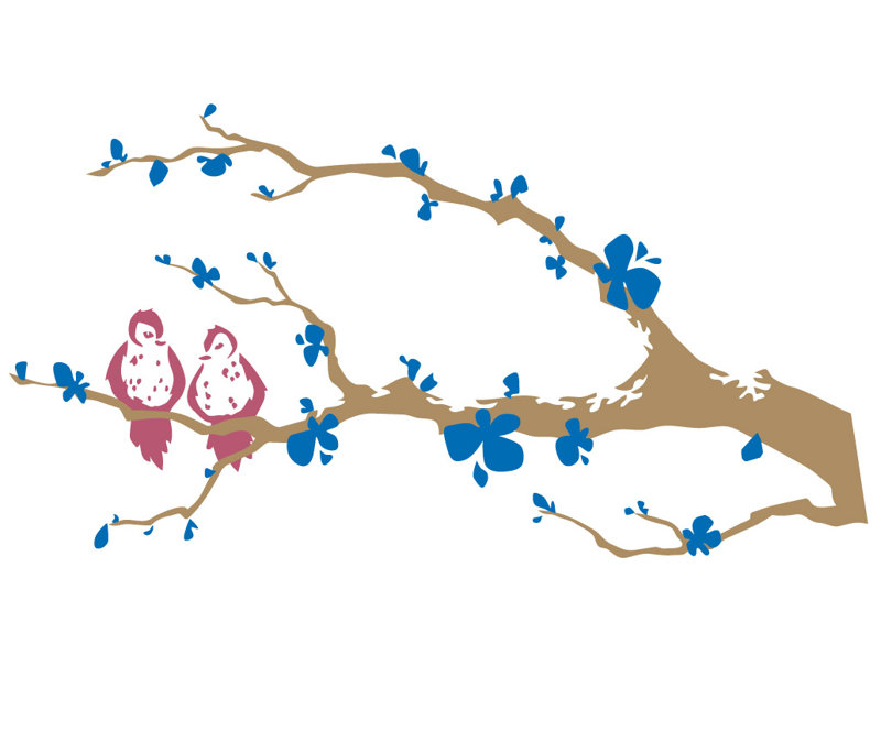 Décalcomanie murale branche arbre love oiseaux, Bleu / rose / brun, H 21 po x l 40 po x P 0,01 po