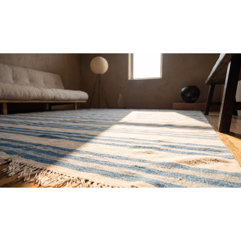 Large Size Antique Cotton White and Blue Stripes Flatweave Indian Dhurrie Rug