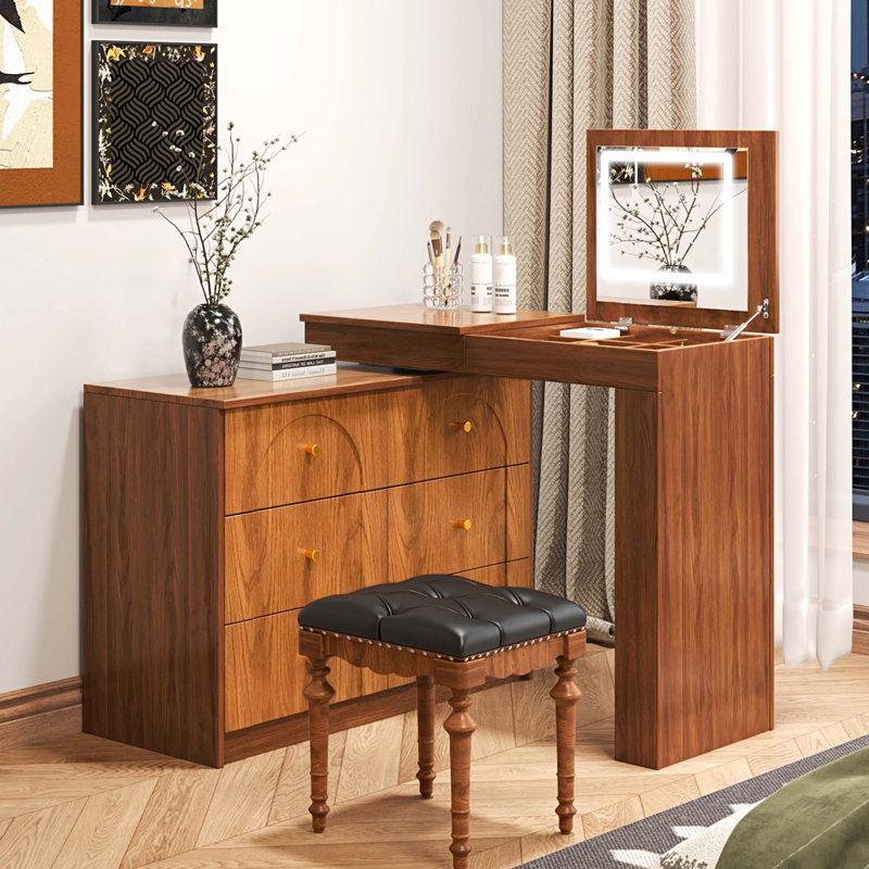 Makeup Vanity with Lighted Mirror, Flip-Top Tabletop, 7 Drawers,9 Compartments, for Bedroom, Walnut