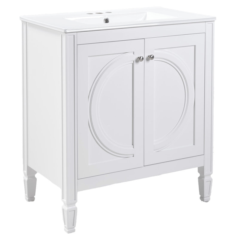 Meuble-lavabo de 30 po avec finition blanc rétro, lavabo en céramique, fonction de fermeture en douceur, bois massif et fabrication, matériau des trous de robinet pré-percés, protection contre le débordement, tablette réglable