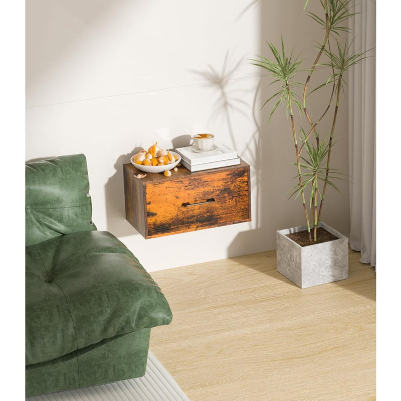 Floating Nightstand Shelf With Drawer, Wall Mounted Nightstand, Floating Drawer For Wall, Small Nightstand With Drawer, Floating Bedside Shelf For Bedroom, Rustic Brown