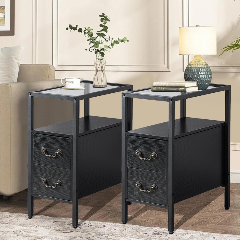Set of 2 Black Narrow End Tables with Drawers and Open Shelf, Modern Industrial Nightstands with Storage for Bedroom, Sofa Side or Small Spaces