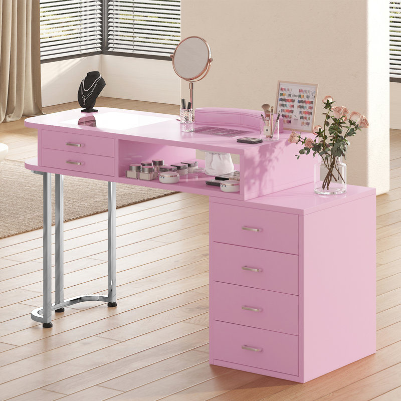 Manicure Nail Table For Nail Tech With Visible Display Desktop, Nail Workstation With Dust Collector, Wrist Cushion And 4 Large Drawers, Pink