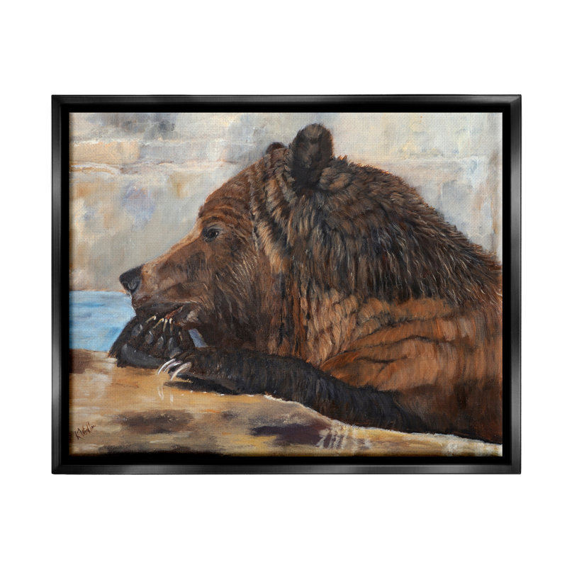 Ours brun, faune d'un lac - peinture, Cadre flottant noir de jais, H 17 po x l 21 po x P 1,7 po
