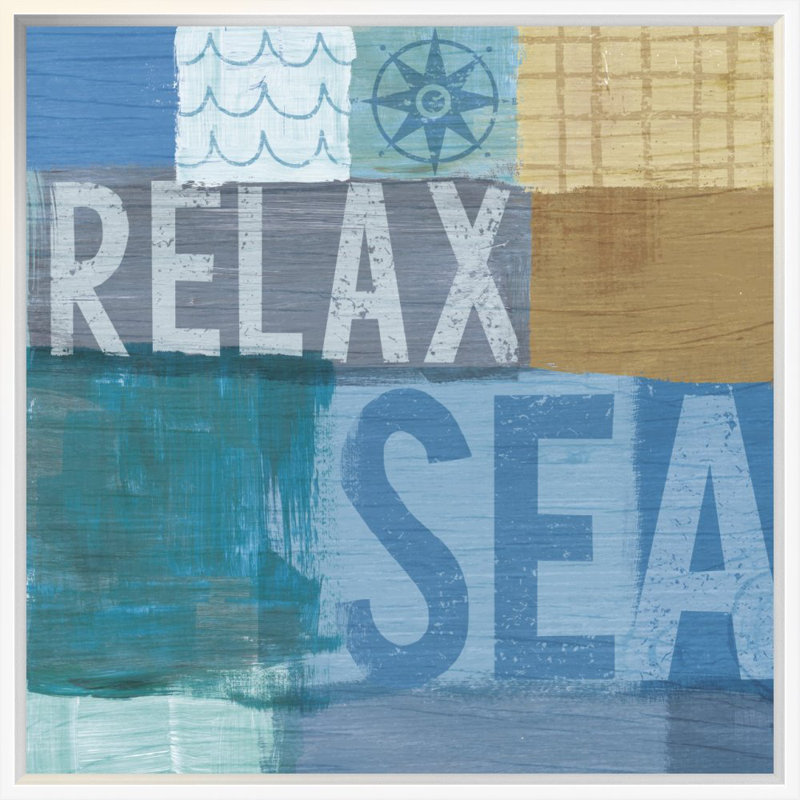 «Beachscape Collage III», art textuel sur toile, H 21,5 po x l 21,5 po x P 0,75 po, Cadre blanc, Aucun mat