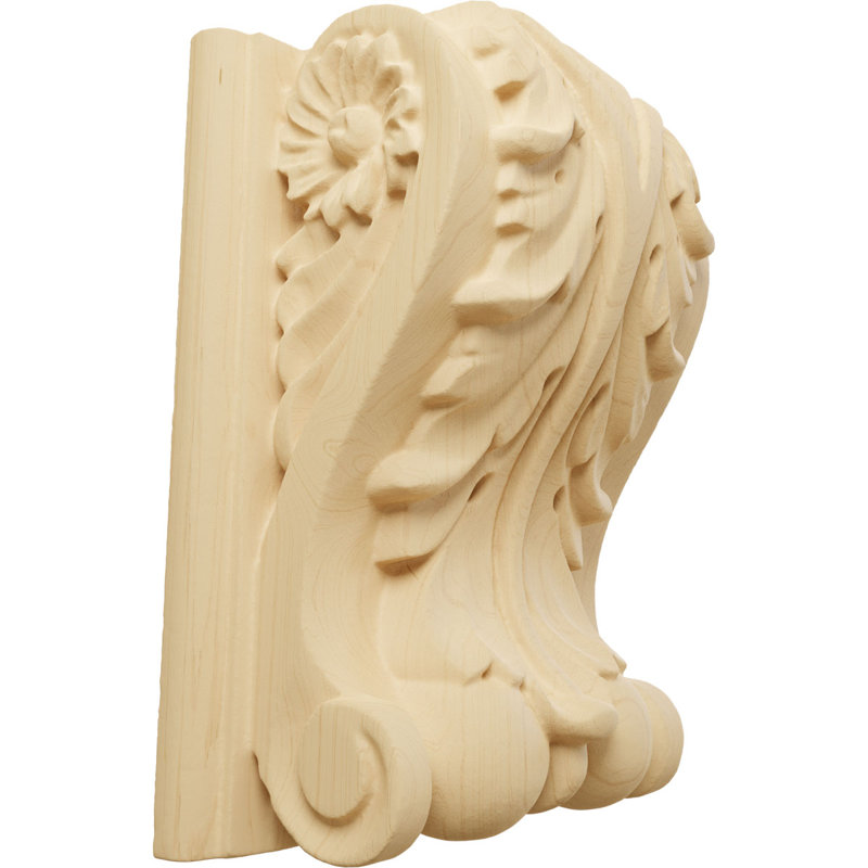 Bloc d'acanthe avec plaque corbeau en bois, Aulne, H4,5 po x l 3,5 po x P 2 po