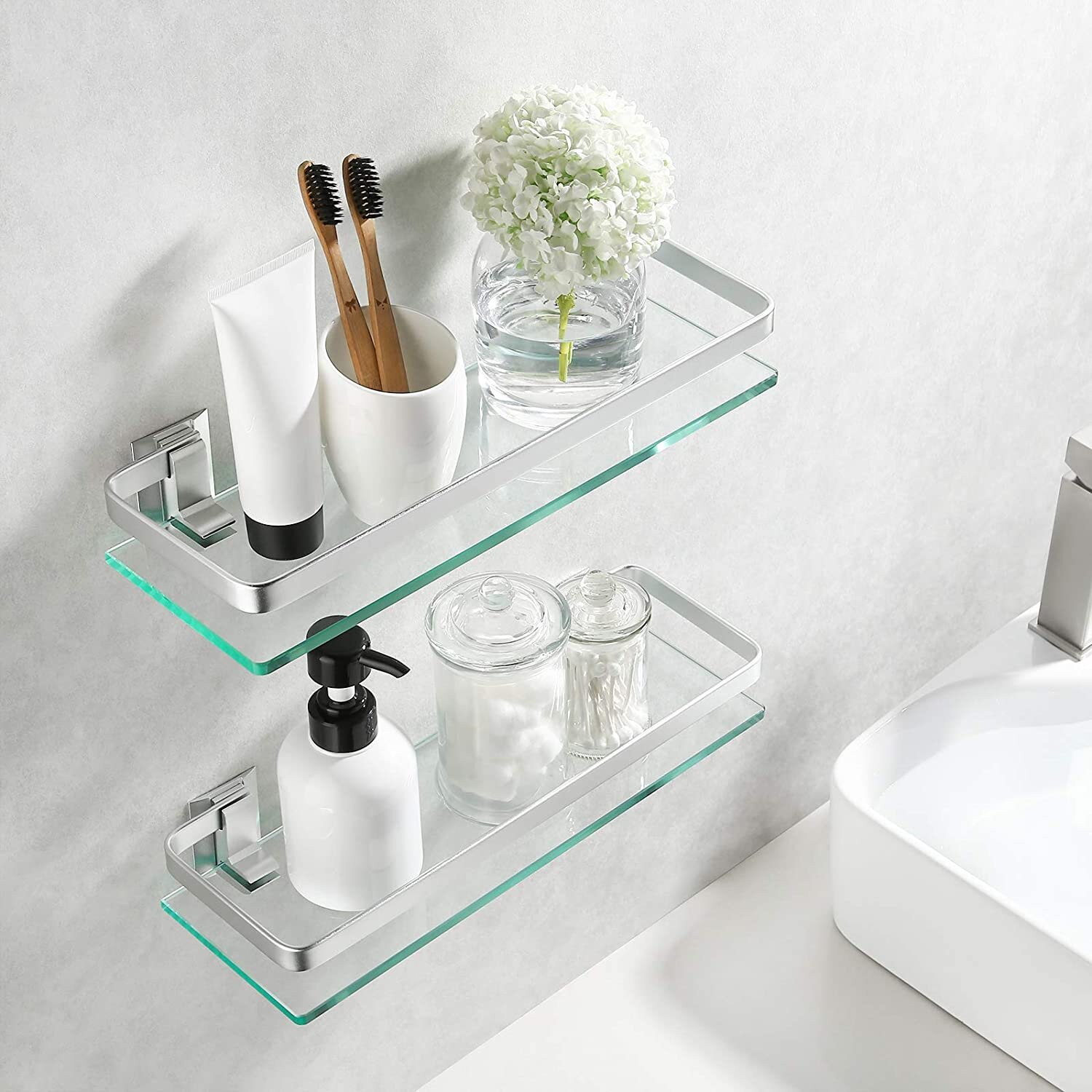 Bathroom Glass Corner Shelf, Lavatory Shower Caddy, Tempered Clear