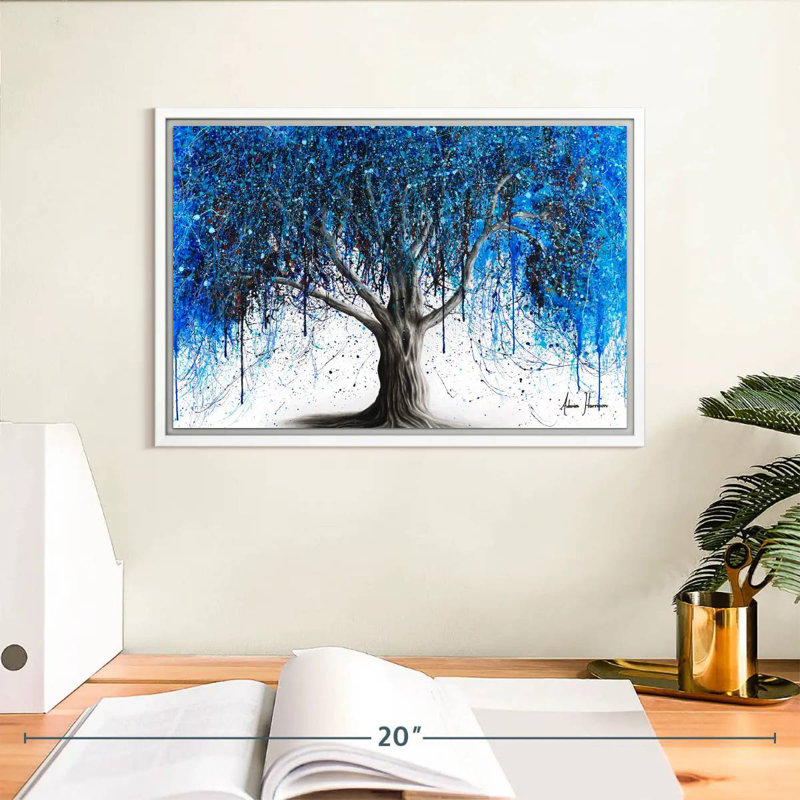 Blue Moonlight Tree, Floating Frame White, 13" X 9"