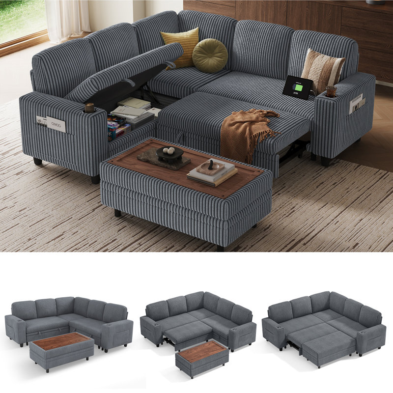 Sherry 81" Upholstered Modular Corner Sectionals Sleeper with Ottoman, Storage, USB Charging & Cup Holders