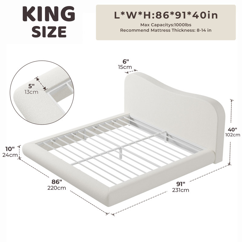  Cadre de lit tapissier très grand avec tête de lit Camel AirFrame, cadre en mousse souple à 360 °, confort semblable au nuage, conception à profil bas, aucun sommier requis, Boucle crème