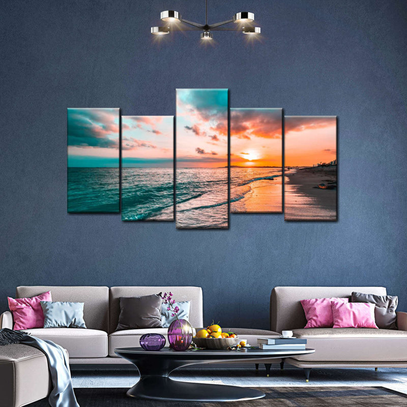 " Beach With Sunset " 5 - Pieces, 27" H x 54" W x 1.25" D