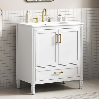 Meuble-lavabo cannelé élégant de 30 pouces avec lavabo en céramique, rangement à fermeture en douceur et pieds en bois massif pour les salles de bain modernes
