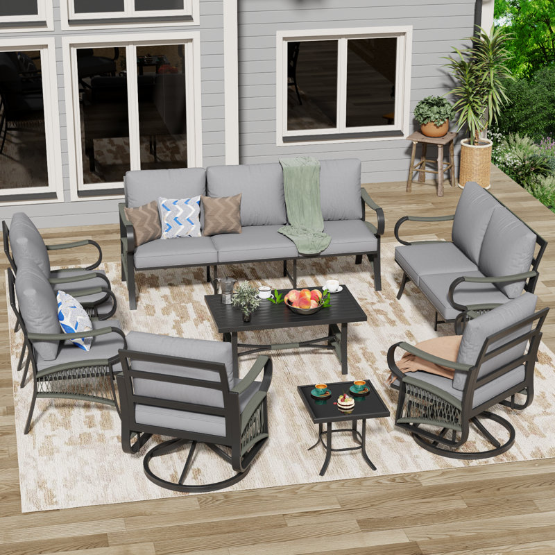 9 - Person Patio Conversation Set With 2 Swivel Lounge Chairs & Coffee Table, Outdoor Seating Sofa Group With Olefin Braid And Deep Seating
