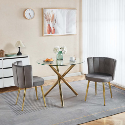 Ensemble de salle à manger 1 + 4,5 pièces, table de salle à manger à pieds en métal Mid-Century pour 4-6 personnes avec plateau en verre, table de salle à manger à piédestal, table basse de loisirs