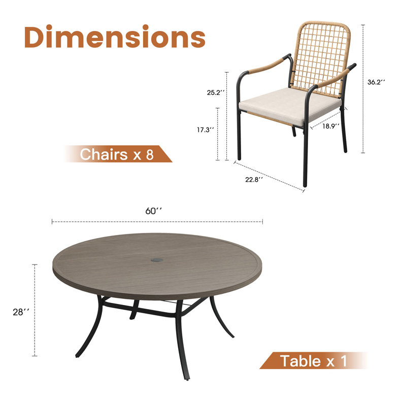 Ensemble de salle à manger pour 8 personnes avec table de salle à manger ronde de 60 po et 8 chaises rembourrées empilables en rotin