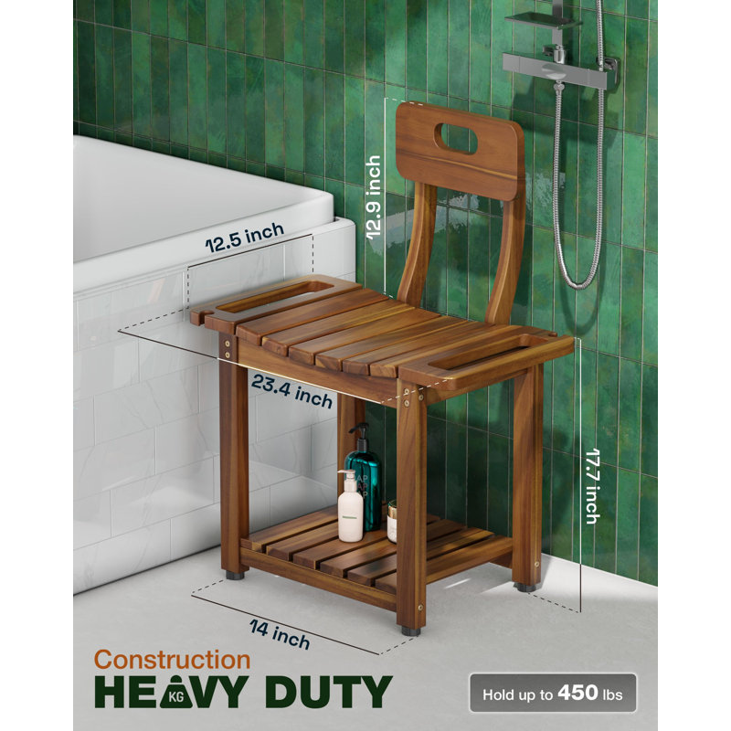 23.4'' Shower Chair With Backrest Bath Chair For Inside Shower Or Tub, Heavy Duty 450 Lbs Support, Non-Slip Feet, Shelf Storage(Acacia)