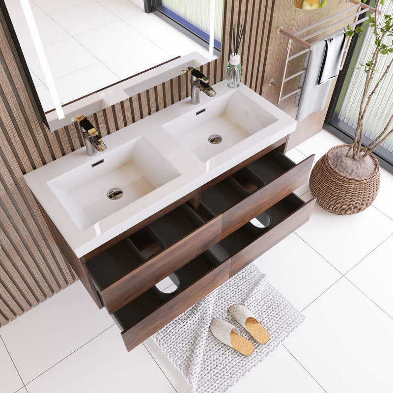 Reggina 47.05'' Double Bathroom Vanity with Resin Top, Rose Wood