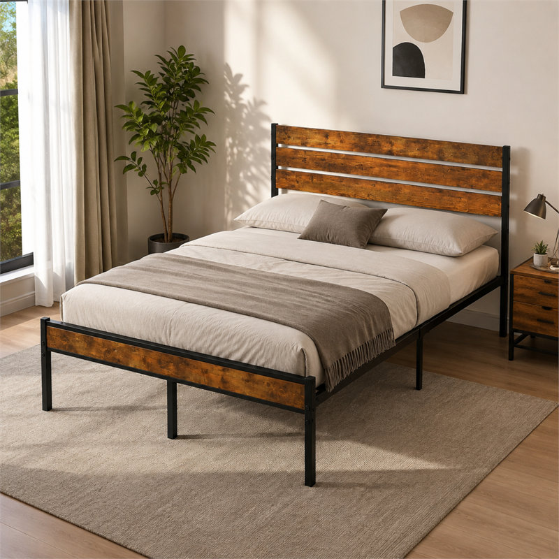 Lit plateforme en métal de 82,8 pouces de long, format King, avec tête de lit en bois, rangement sous le lit, aucun sommier requis, brun-noir vintage.