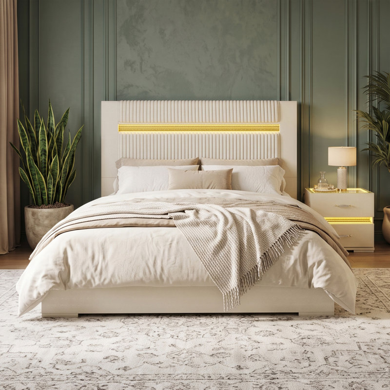 Gilberto 2 Piece Upholstered Faux Fur Bedroom Set, 5 Pcs: Bed, Dresser, Mirror, 2 Nightstands, Queen