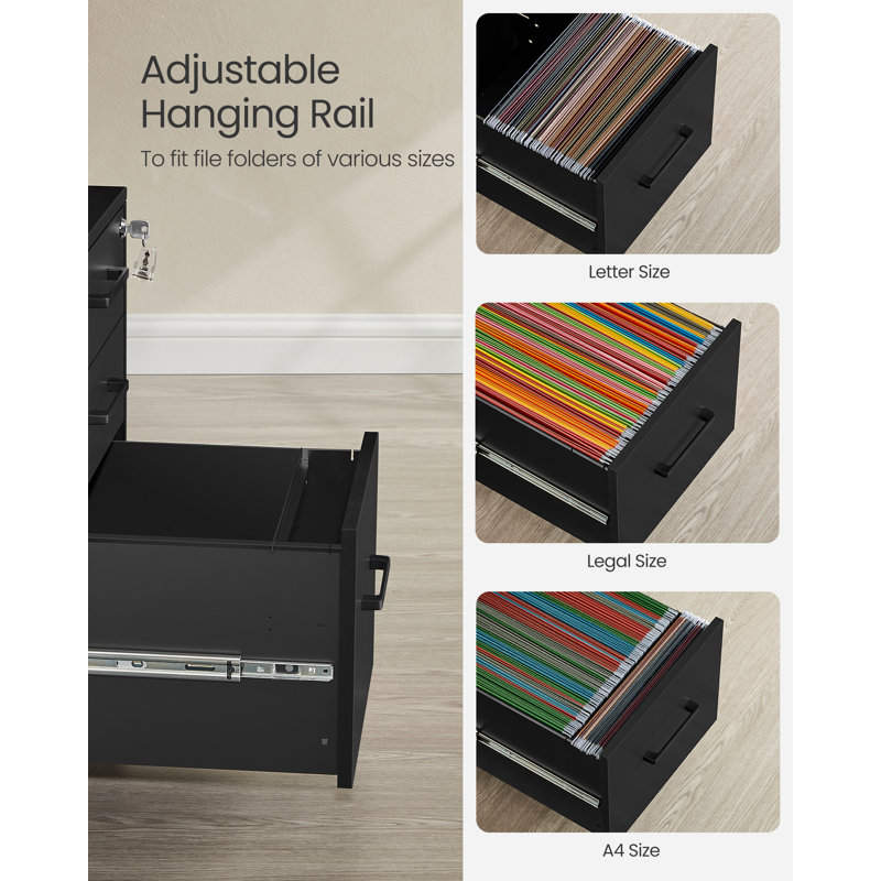 Matte Black Mobile 3-Drawer Lockable File Cabinet