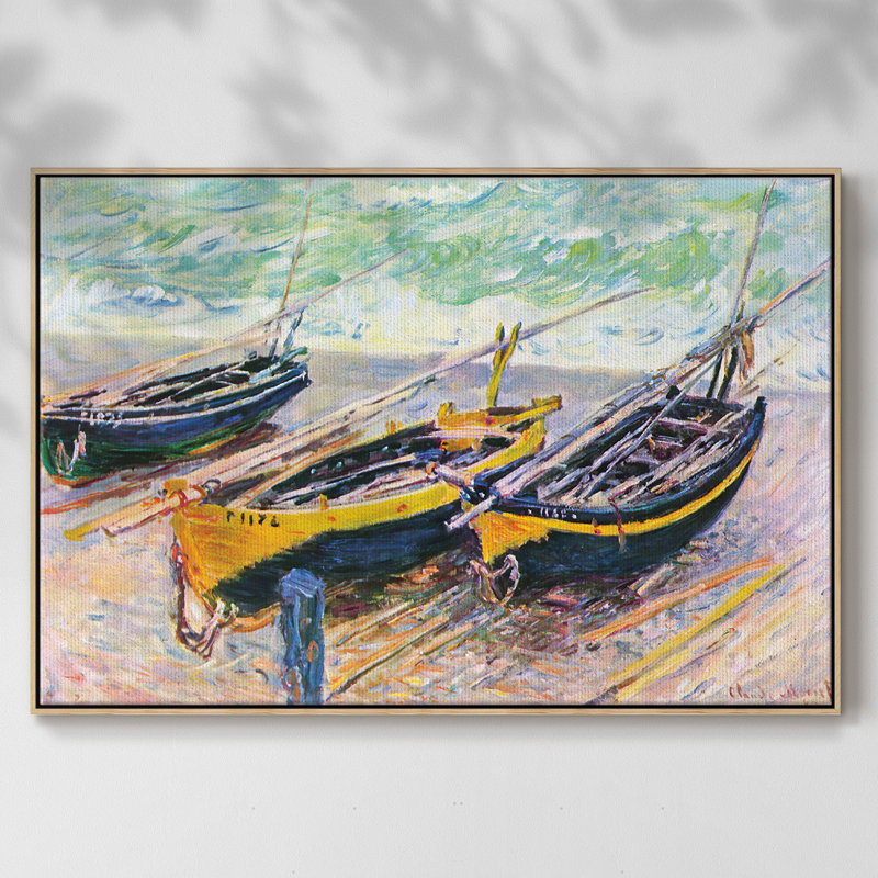 Trois bateaux de pêche à Eretrat, H 25 po x l 37 po x P 2 po, Bois naturel
