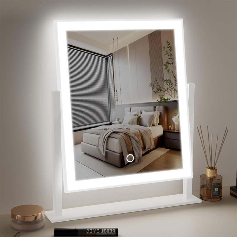 Miroir de maquillage de coiffeuse avec lumières DEL - commande tactile intelligente, 3 modes de couleur, luminosité à intensité variable, rotation à 360 °, cadre en métal robuste, grand miroir pour le maquillage et le toilettage