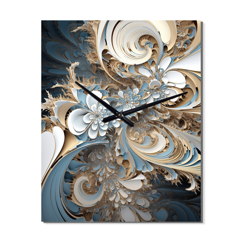 Horloge murale moderne «Blossoming Fractal Flower In Blue I - Fractals», Très grand