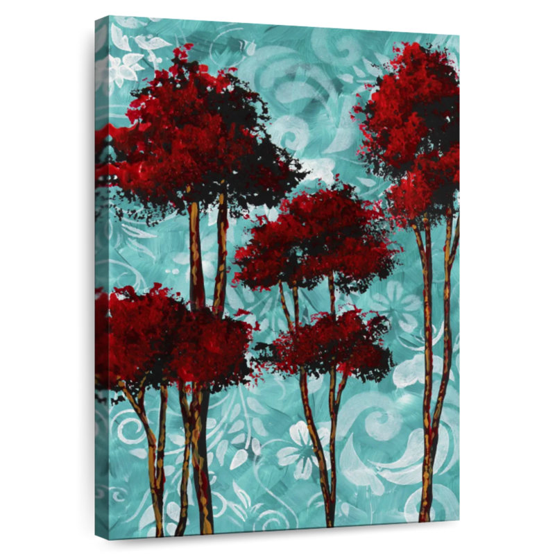 Harnek, fleurs turquoise et arbres rouges, H 36 po x l 24 po
