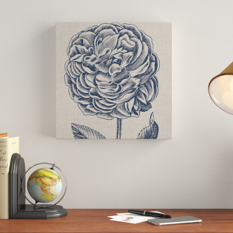 «Indigo Floral on Linen V» par Vision Studio - reproduction de dessin sur toile, H 14 po x l 14 po x P 2 po