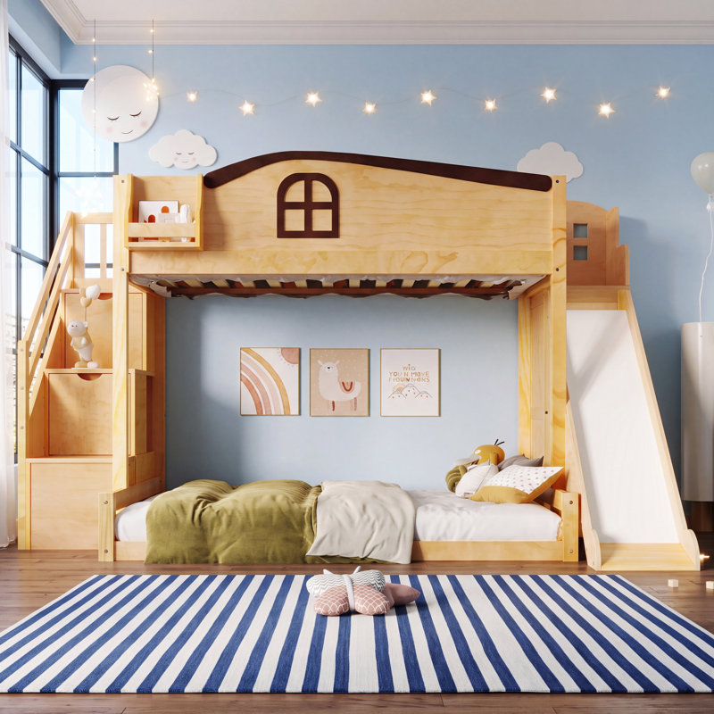Lit superposé simple au dessus d'un lit double avec escalier de rangement, tablette, glissade et garde-robe, naturel et espresso