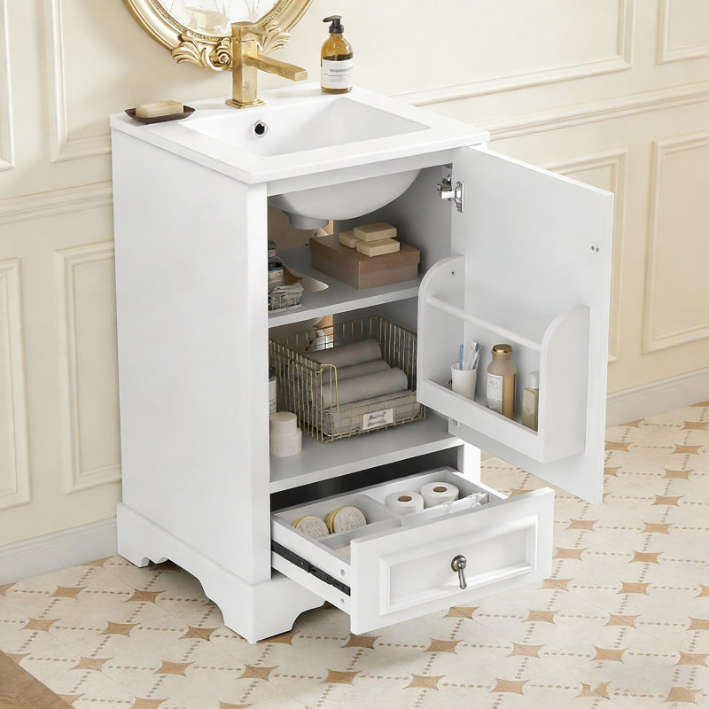 Meuble-lavabo moderne de 20 pouces avec lavabo en céramique, porte à fermeture en douceur, tablette réglable en forme de U et plusieurs options de rangement pour les petits espaces