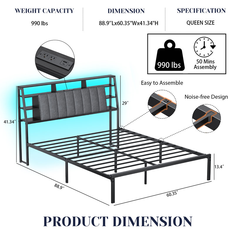 Upholstered Storage Bed Frame with RGB LED Lights & Charging Station, Smart Platform Bed No Box Spring Needed, Queen