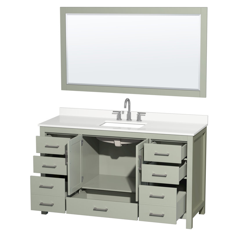 Sheffield 60" Freestanding Single Bathroom Vanity with Quartz Top with 58" Mirror, White Quartz, Green, Brushed Nickel