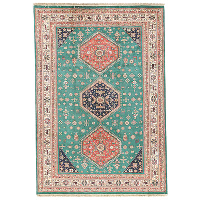 Hand Knotted Wool Area Rug in Green And Cream