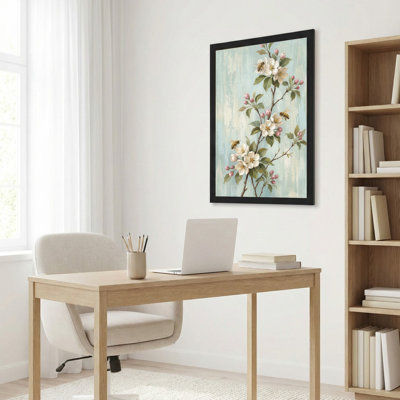 Art mural sur toile noir encadré pour le salon, la chambre à coucher, le bureau ou le vestibule - décoration murale décorative avec abeille florale