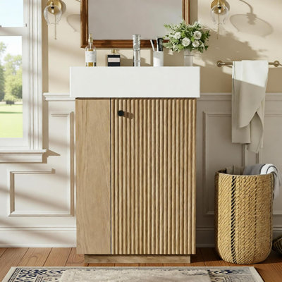 22" Freestanding Modern Right Door Wood Grain Cabinet With Open And Closed Storage For Small Bathrooms