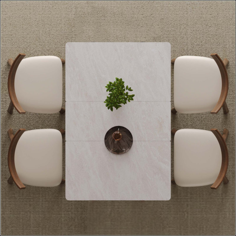Ensemble de table de salle à manger rétractable Rock Slab, table moderne extensible 5 pièces avec 4 pieds en bois et base revêtue de cuir, ensemble de cuisine compact pour petits appartements