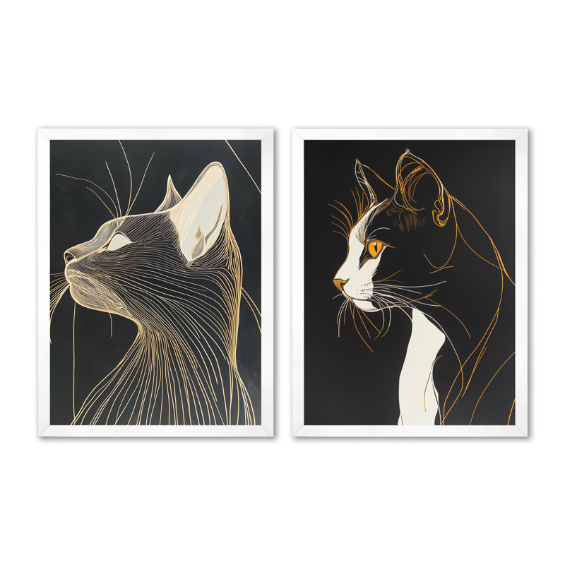 Chat en une ligne élégante I - Tableau encadré chat en 2 parties, 32" H x 48" W, White Picture Framed