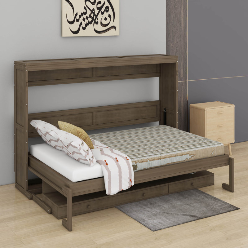 Grand lit escamotable avec rangement, armoire-lit pliable avec coiffeuse, miroir central et 2 tiroirs latéraux, Gris patiné