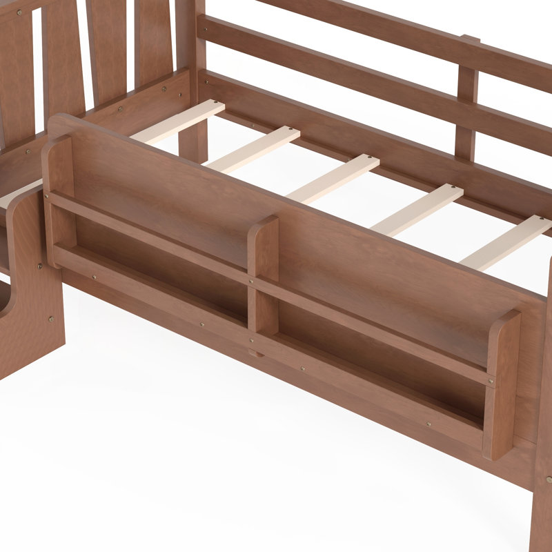 Lit simple en bois massif avec rangement, escalier et garde-corps pour enfants, sans sommier, finition naturelle, Lit simple