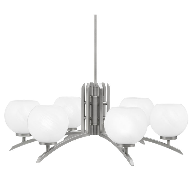 Lustre à 6 lumières Kurve illustré en finition graphite avec verre de marbre blanc de 5,75 po
