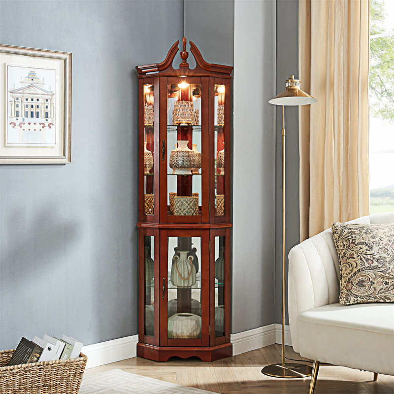 Walnut Corner Lighted Curio Cabinet with Glass Shelves