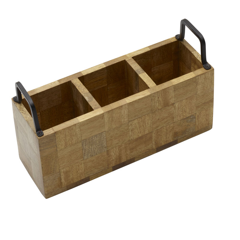 Avery Checkered Mango Wood Flatware Caddy with Iron Handles